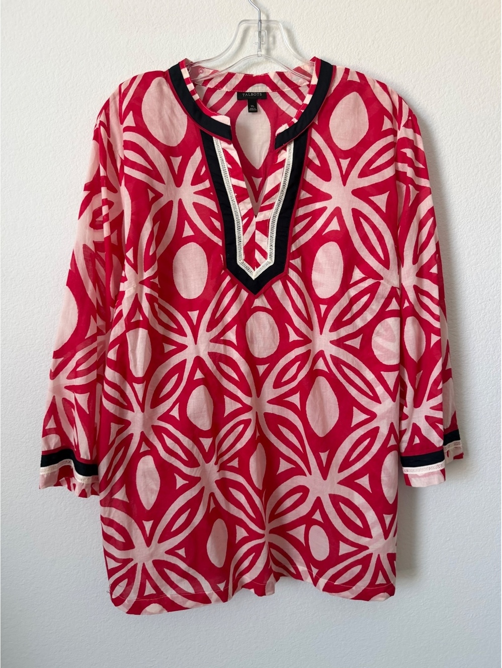 Talbots 3/4 Sleeve V-Neck 100% Cotton Red/White Geo Tunic Blouse Women's Size XL